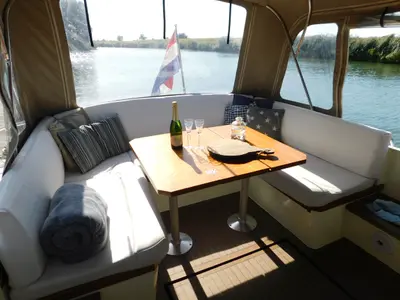 Salon of Marmeralk, a Delos 1100 Cruiser motorboat at IJsselstein, Netherlands