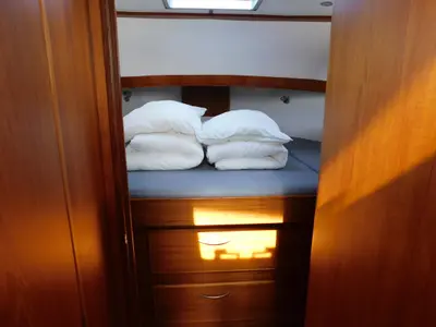 Cabin on Marmeralk, a Delos 1100 Cruiser motorboat at IJsselstein, Netherlands