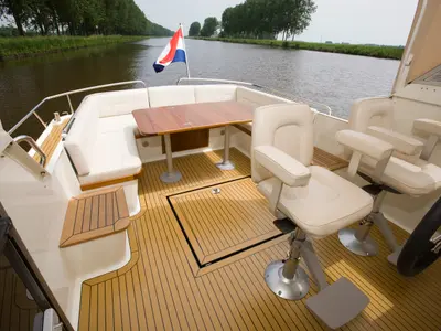 Deck of Marmeralk, a Delos 1100 Cruiser motorboat at IJsselstein, Netherlands