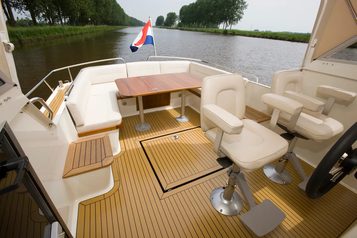 Deck of Marmeralk, a Delos 1100 Cruiser motorboat at IJsselstein, Netherlands