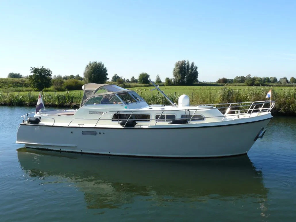 Exterior view of Marmeralk, a Delos 1100 Cruiser motorboat at IJsselstein, Netherlands