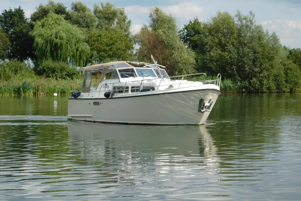 Exterior view of Marmeralk, a Delos 1100 Cruiser motorboat at IJsselstein, Netherlands