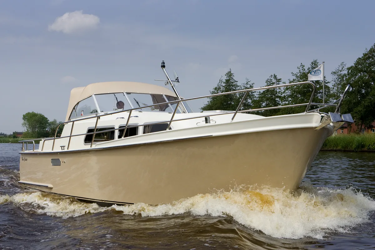 Exterior view of Marmeralk, a Delos 1100 Cruiser motorboat at IJsselstein, Netherlands