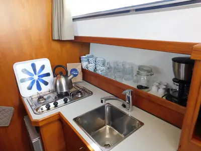 Galley of Marmeralk, a Delos 1100 Cruiser motorboat at IJsselstein, Netherlands