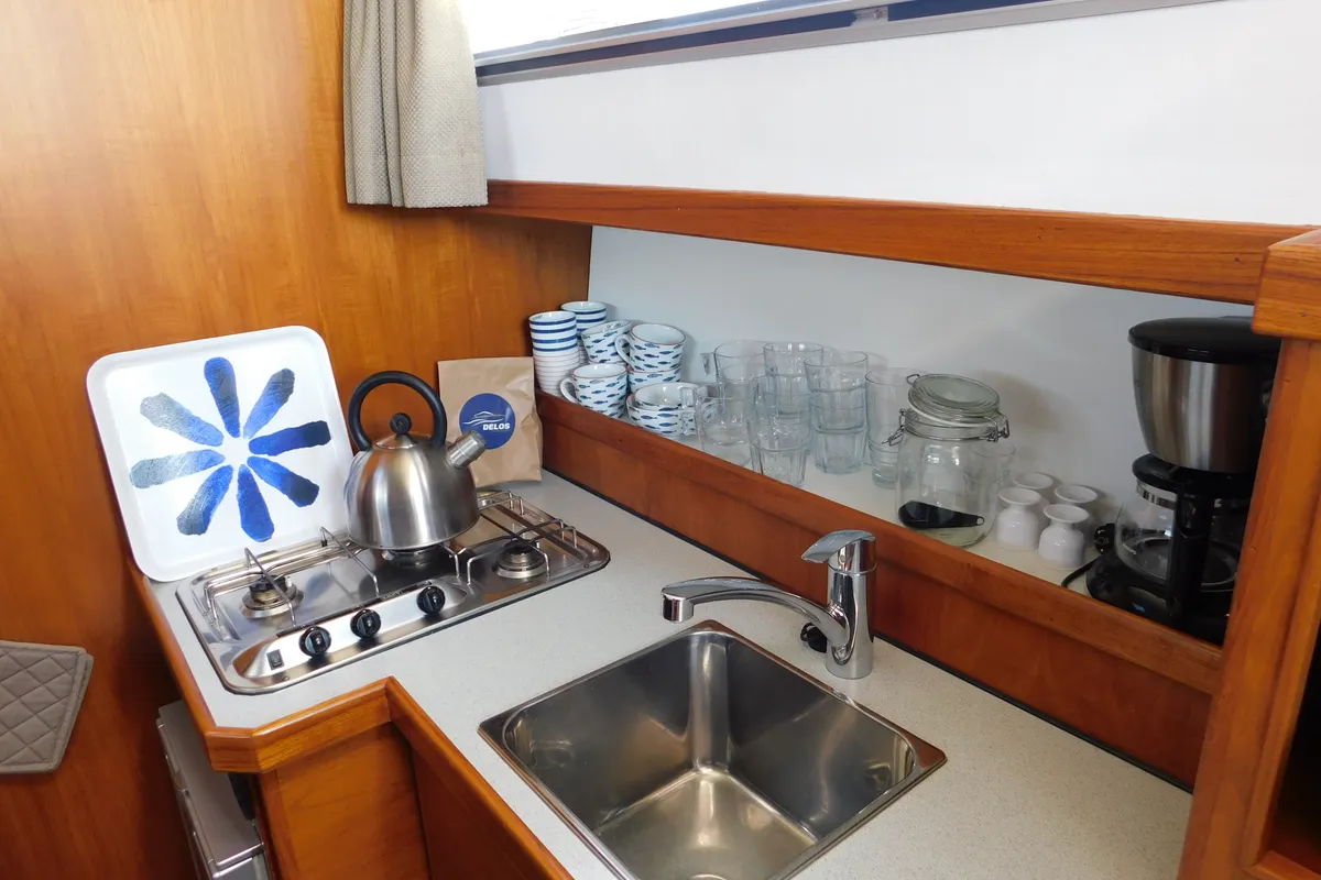 Galley of Marmeralk, a Delos 1100 Cruiser motorboat at IJsselstein, Netherlands