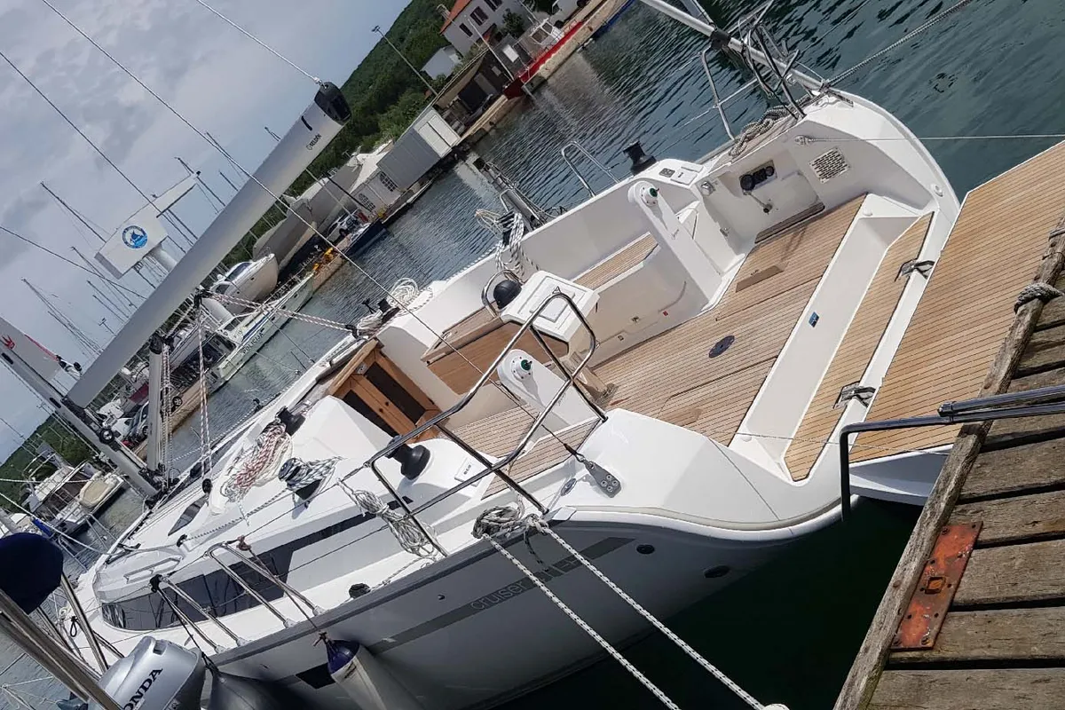 Exterior view of Bella, a Bavaria Cruiser 41 sailboat at Punat, Croatia