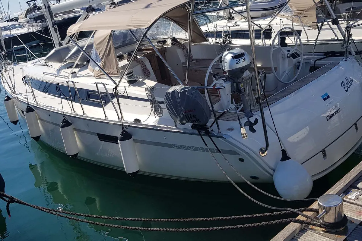 Exterior view of Bella, a Bavaria Cruiser 41 sailboat at Punat, Croatia