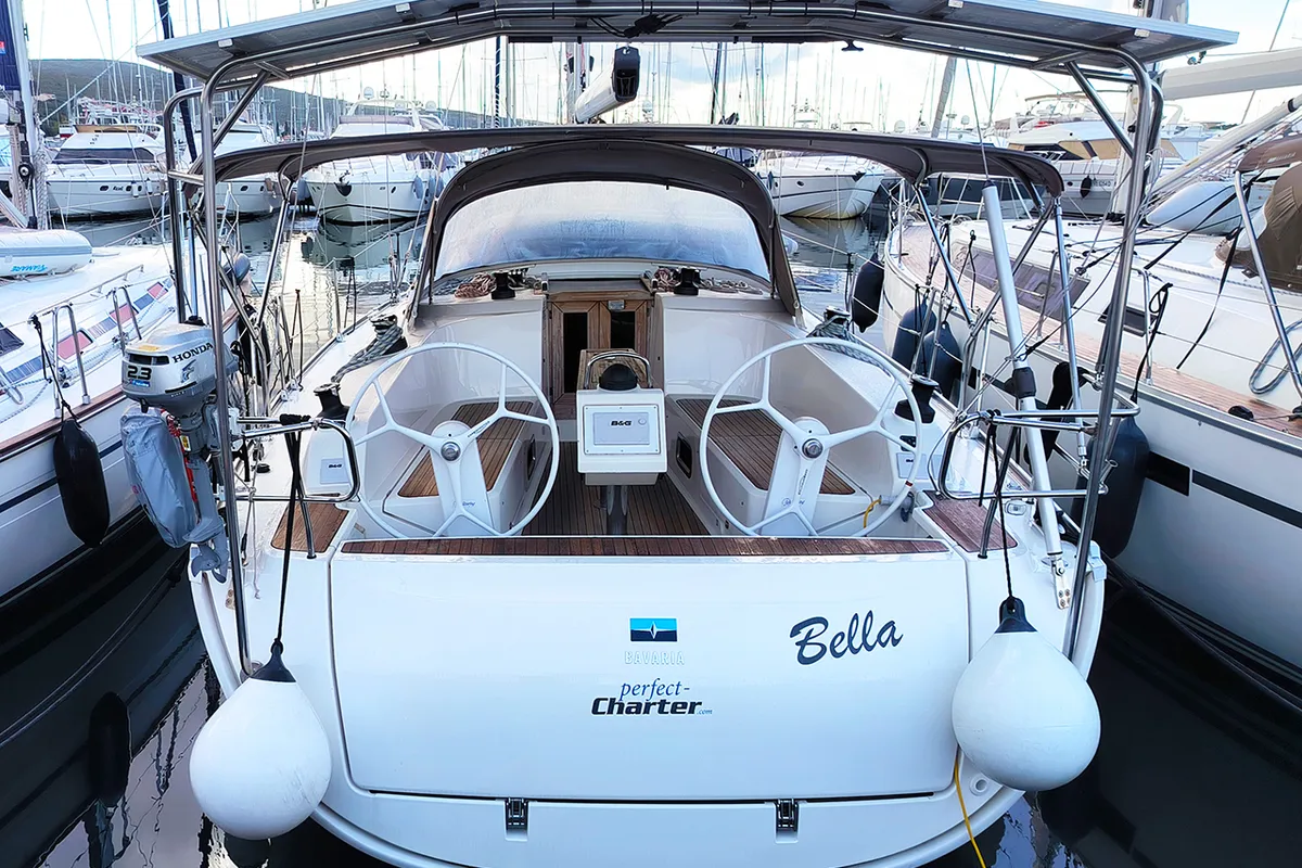 Deck of Bella, a Bavaria Cruiser 41 sailboat at Punat, Croatia