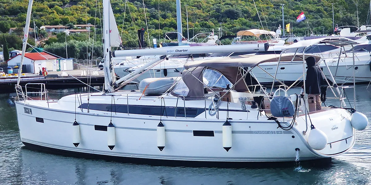 Exterior view of Bella, a Bavaria Cruiser 41 sailboat at Punat, Croatia