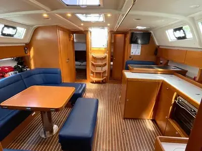 Salon of Prince Nikolaos, a Bavaria Cruiser 51 sailboat at Lefkada, Greece