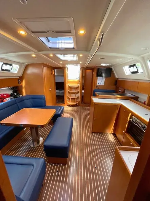 Salon of Prince Nikolaos, a Bavaria Cruiser 51 sailboat at Lefkada, Greece