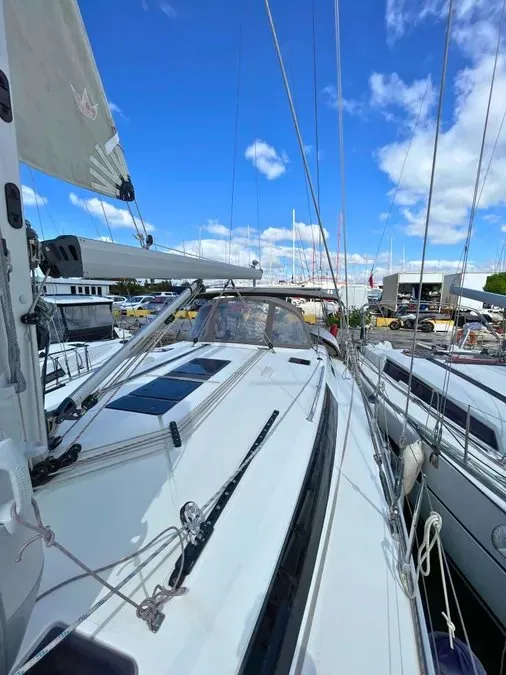 Deck of Prince Nikolaos, a Bavaria Cruiser 51 sailboat at Lefkada, Greece