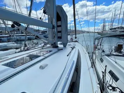 Deck of Prince Nikolaos, a Bavaria Cruiser 51 sailboat at Lefkada, Greece