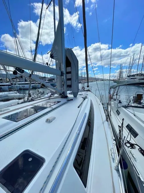 Deck of Prince Nikolaos, a Bavaria Cruiser 51 sailboat at Lefkada, Greece