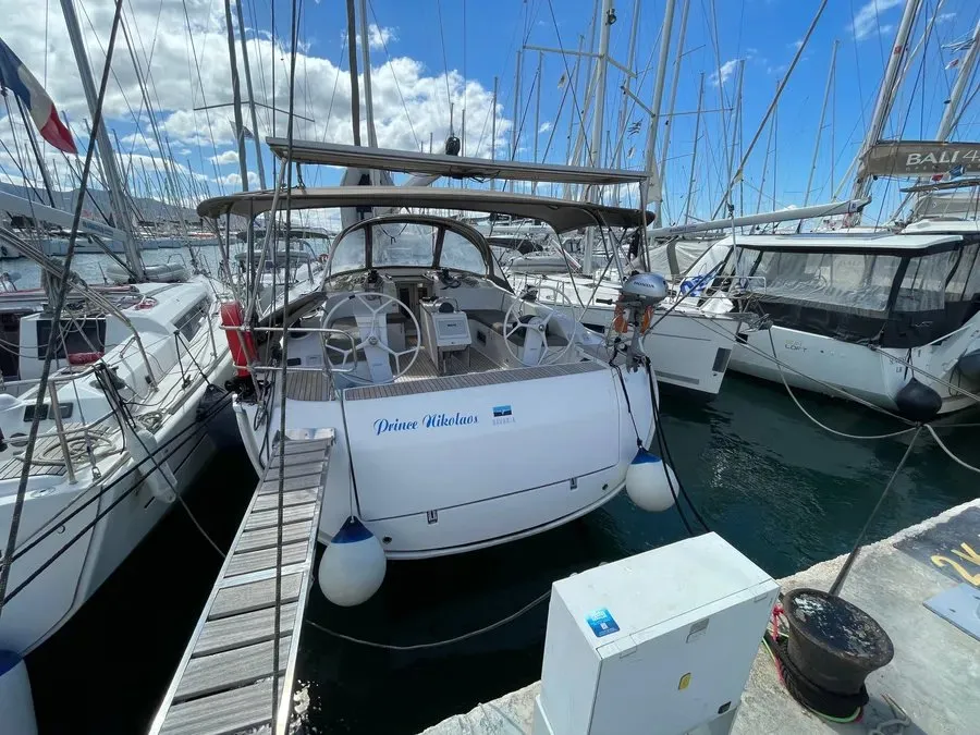 Exterior view of Prince Nikolaos, a Bavaria Cruiser 51 sailboat at Lefkada, Greece