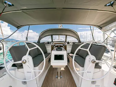 Cockpit of Galway Girl, a Bavaria Cruiser 34 sailboat at Kontokali, Greece
