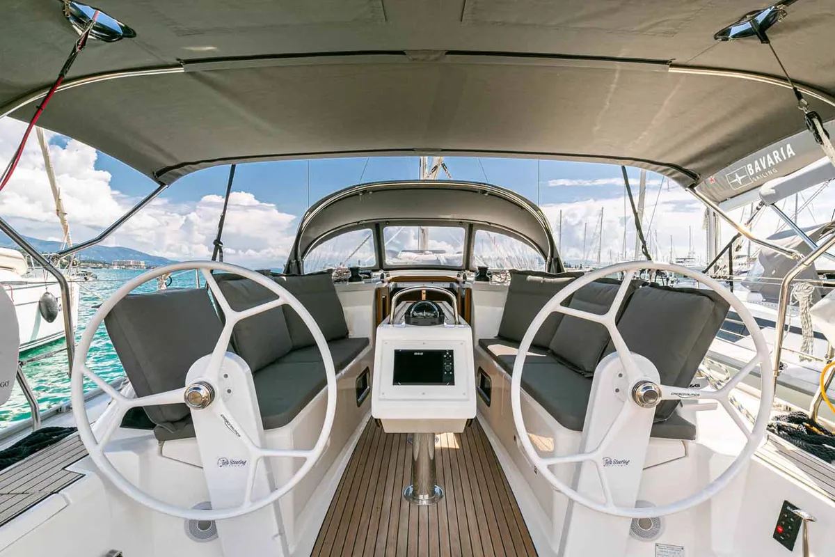 Cockpit of Galway Girl, a Bavaria Cruiser 34 sailboat at Kontokali, Greece