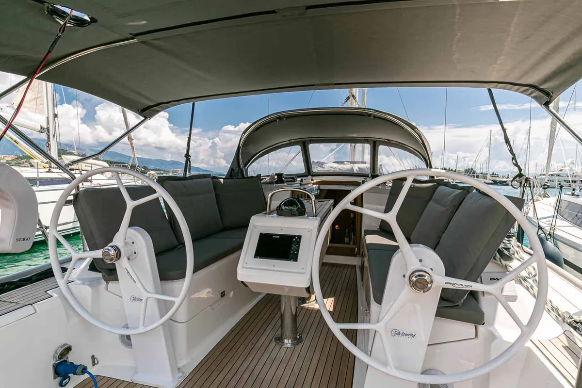 Cockpit of Galway Girl, a Bavaria Cruiser 34 sailboat at Kontokali, Greece
