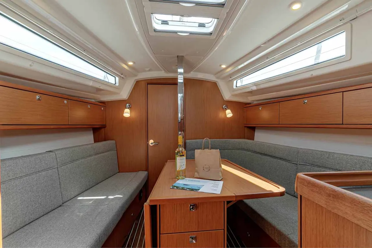 Salon of Galway Girl, a Bavaria Cruiser 34 sailboat at Kontokali, Greece