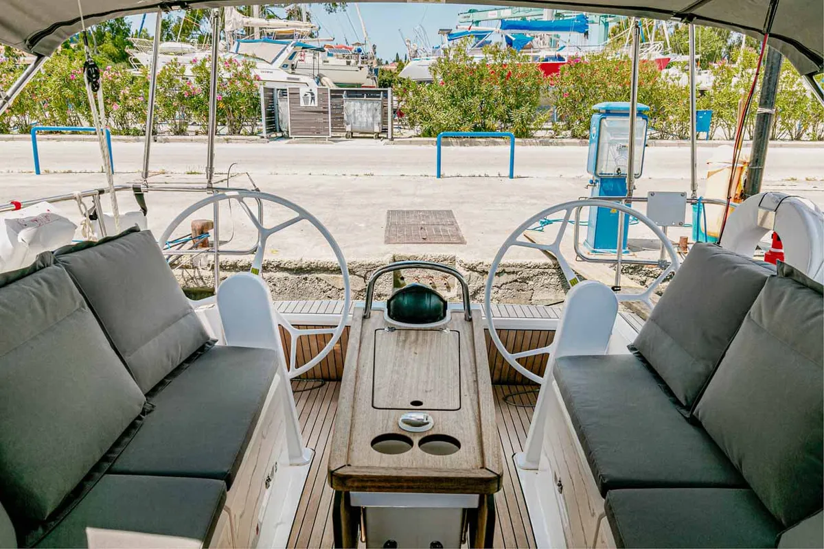 Deck of Galway Girl, a Bavaria Cruiser 34 sailboat at Kontokali, Greece