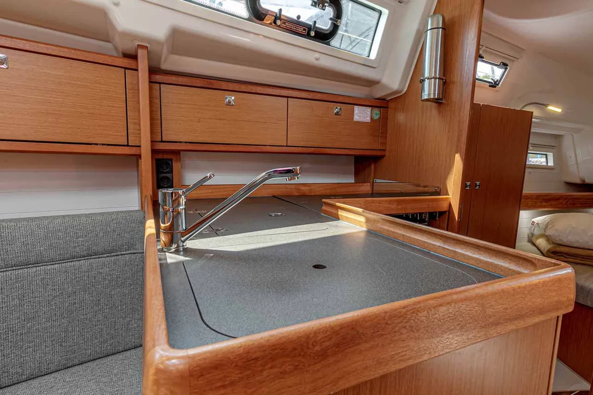 Galley of Galway Girl, a Bavaria Cruiser 34 sailboat at Kontokali, Greece
