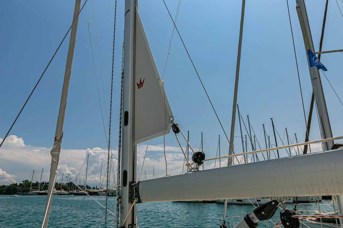 Deck of Galway Girl, a Bavaria Cruiser 34 sailboat at Kontokali, Greece