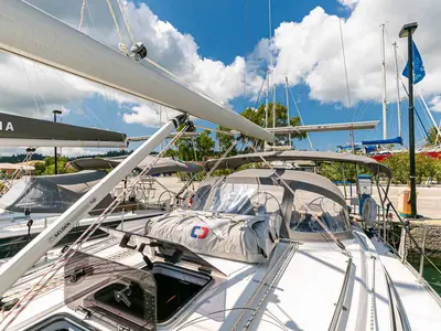Deck of Galway Girl, a Bavaria Cruiser 34 sailboat at Kontokali, Greece