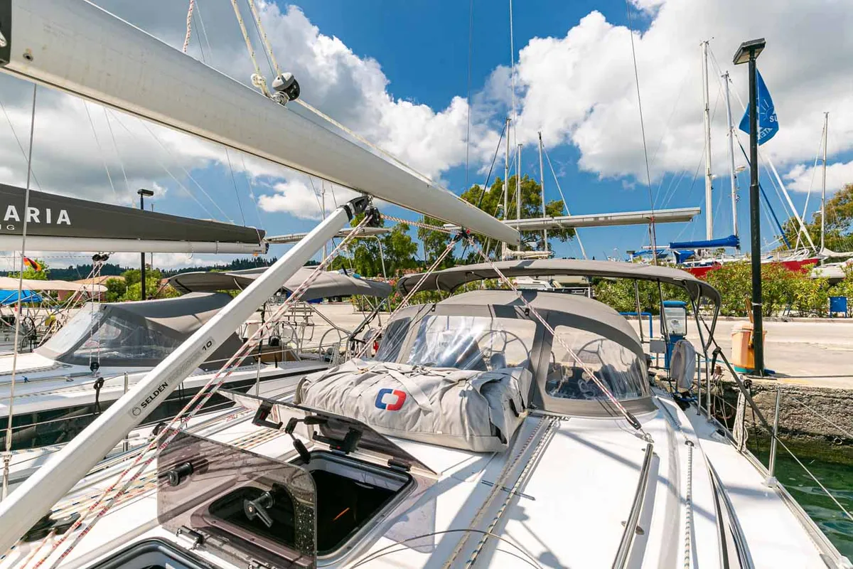 Deck of Galway Girl, a Bavaria Cruiser 34 sailboat at Kontokali, Greece
