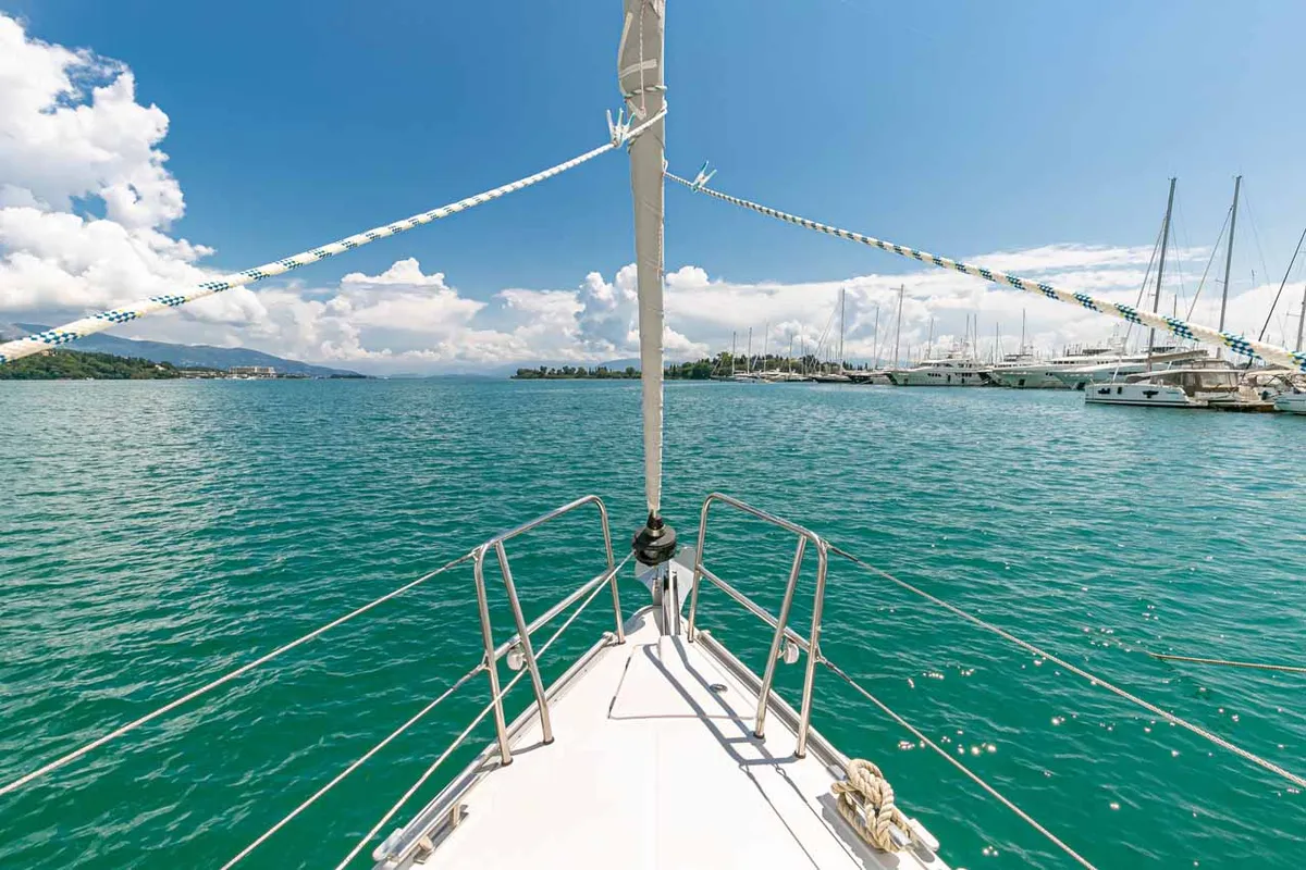 Deck of Galway Girl, a Bavaria Cruiser 34 sailboat at Kontokali, Greece