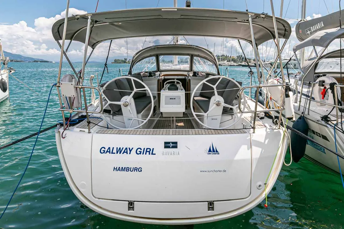 Exterior view of Galway Girl, a Bavaria Cruiser 34 sailboat at Kontokali, Greece