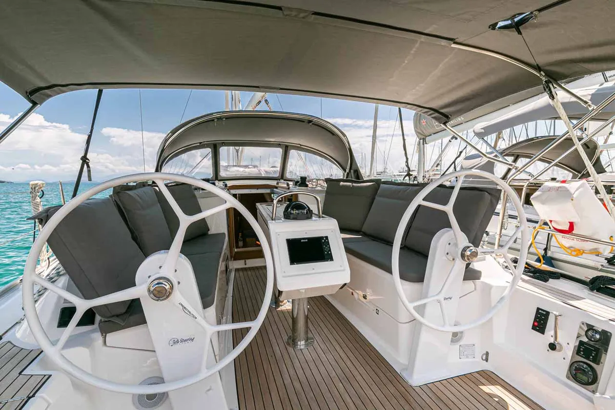 Cockpit of Galway Girl, a Bavaria Cruiser 34 sailboat at Kontokali, Greece