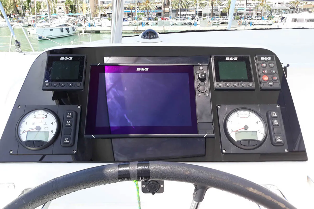 Cockpit of l'Argonaute 461/2025, a Lagoon 42 catamaran at Palma de Mallorca, Spain