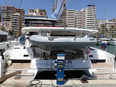 Deck of l'Argonaute 461/2025, a Lagoon 42 catamaran at Palma de Mallorca, Spain