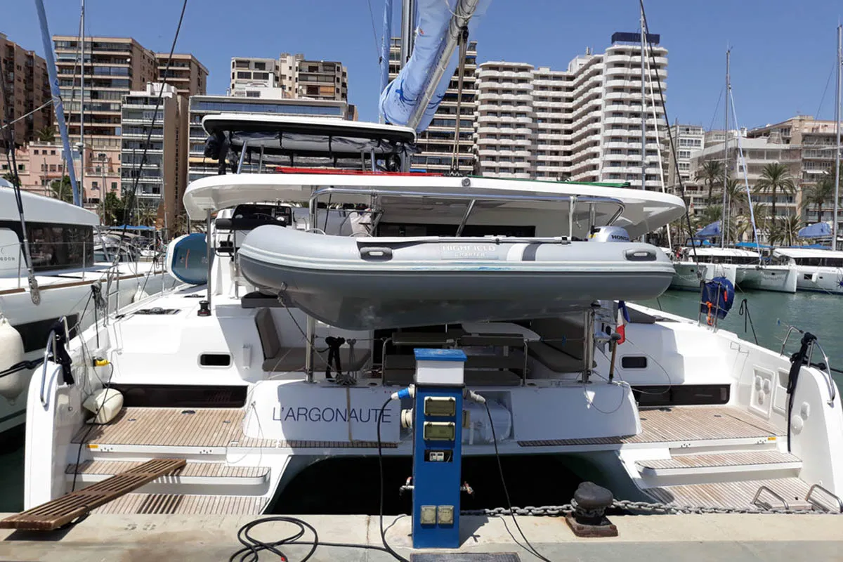 Deck of l'Argonaute 461/2025, a Lagoon 42 catamaran at Palma de Mallorca, Spain