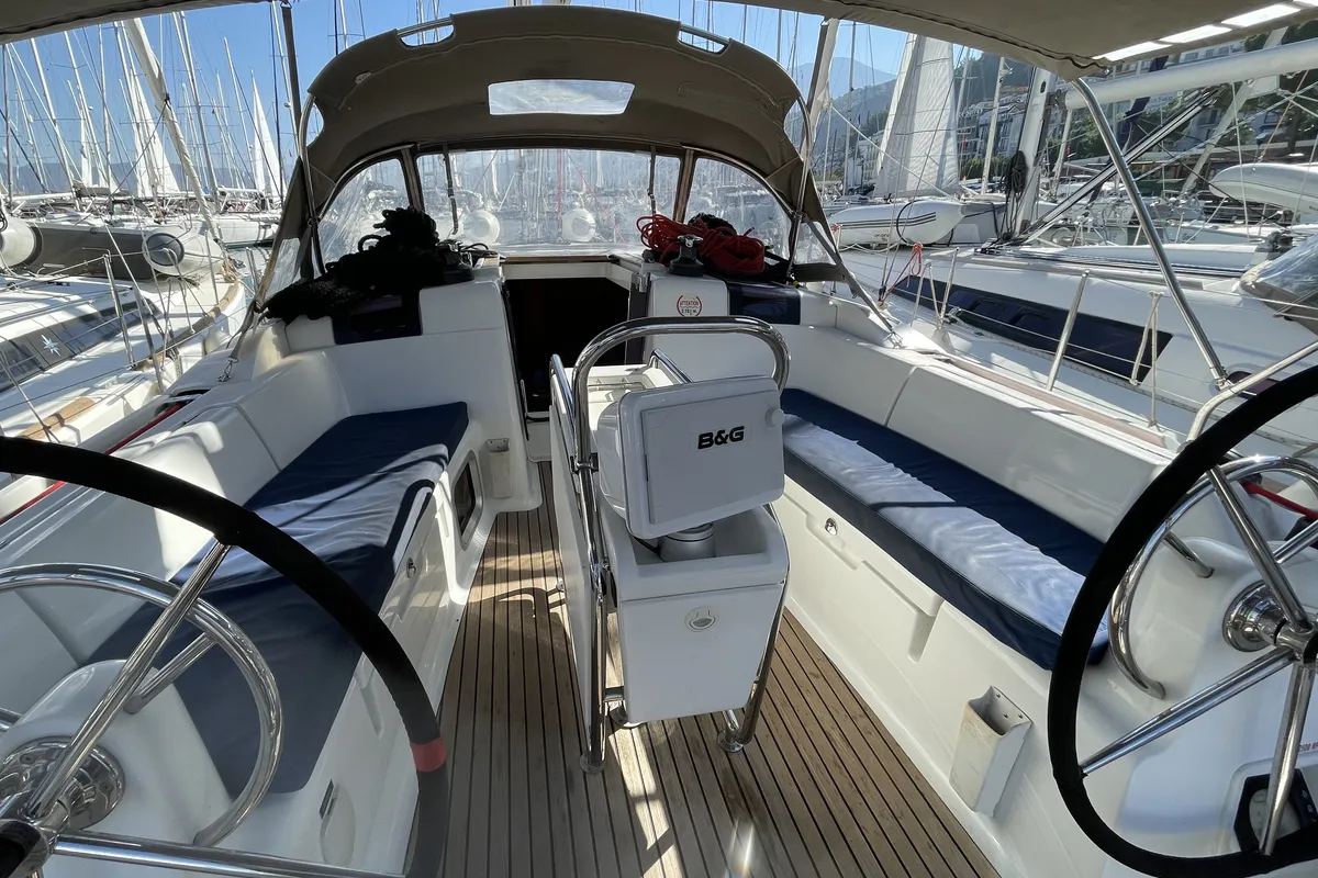 Cockpit of Malea, a Jeanneau Sun Odyssey 419 sailboat at Fethiye, Turkey