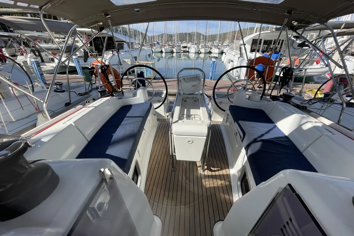 Cockpit of Malea, a Jeanneau Sun Odyssey 419 sailboat at Fethiye, Turkey