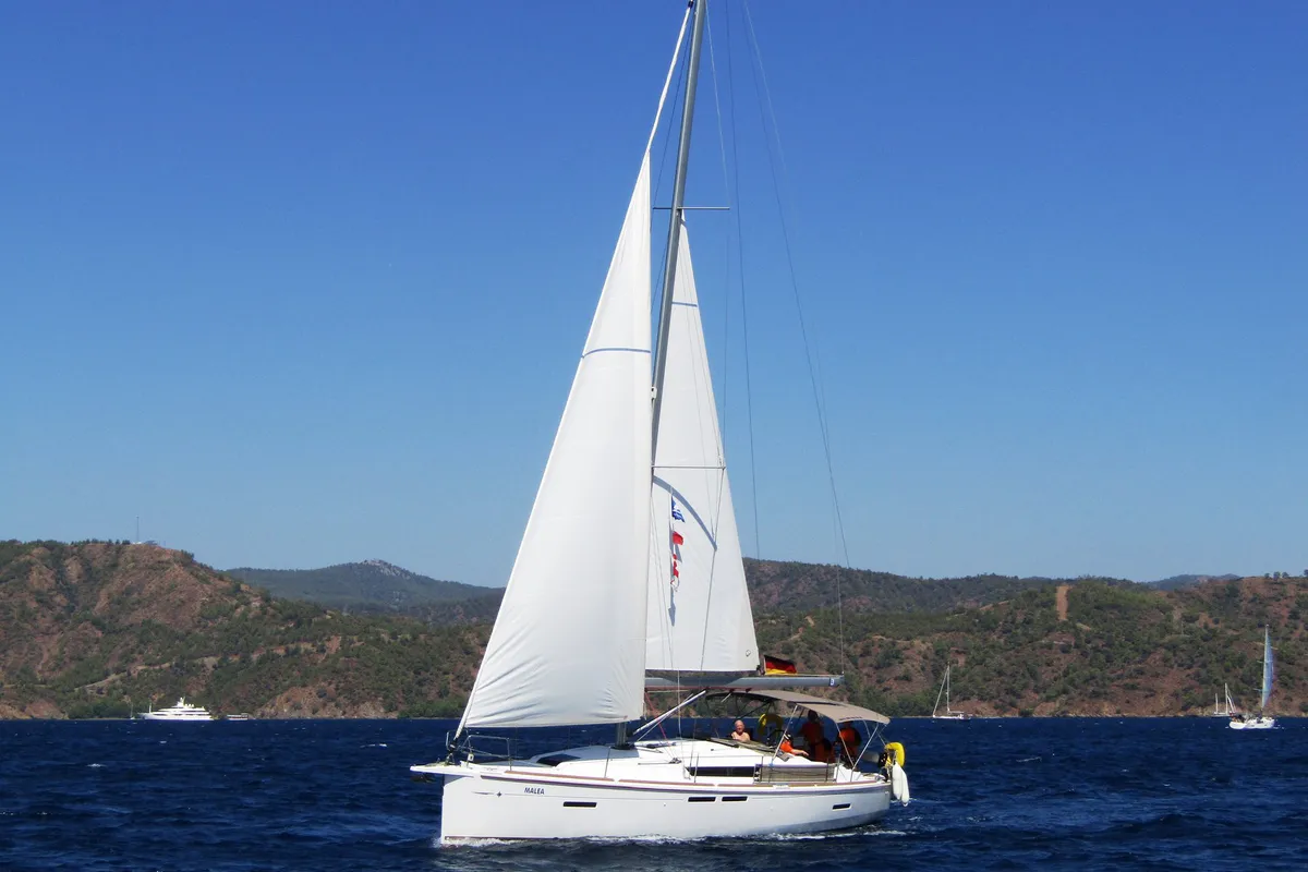 Exterior view of Malea, a Jeanneau Sun Odyssey 419 sailboat at Fethiye, Turkey