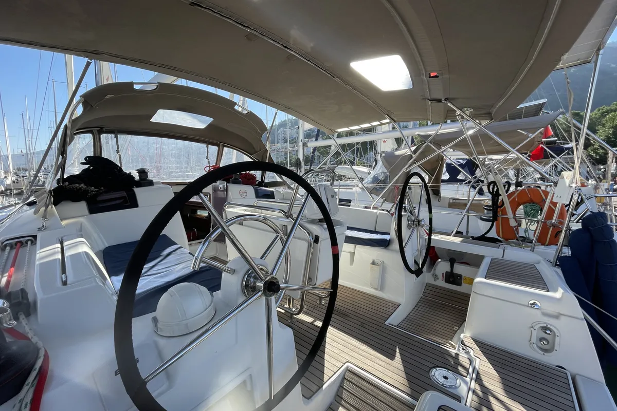 Cockpit of Malea, a Jeanneau Sun Odyssey 419 sailboat at Fethiye, Turkey