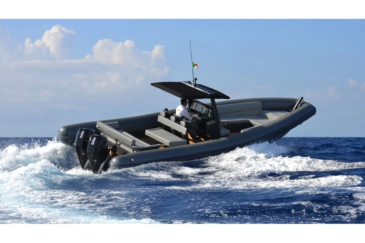 Exterior view of Orsa Minore, a Novamarine RH 1000 motorboat at Olbia, Italy