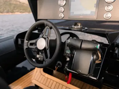 Cockpit of Orsa Minore, a Novamarine RH 1000 motorboat at Olbia, Italy