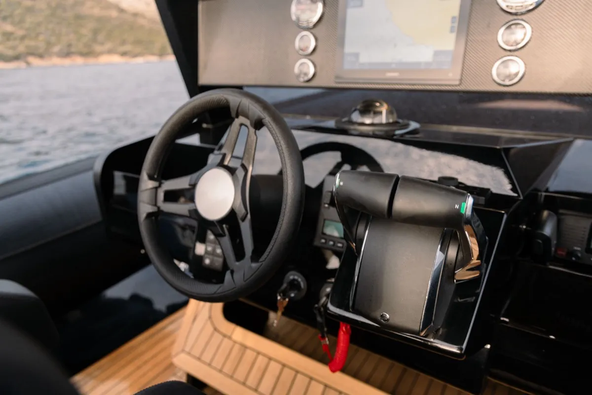 Cockpit of Orsa Minore, a Novamarine RH 1000 motorboat at Olbia, Italy
