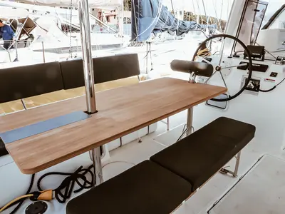 Deck of Sea Eagle, a Jeanneau Sun Loft 47 sailboat at Olbia, Italy