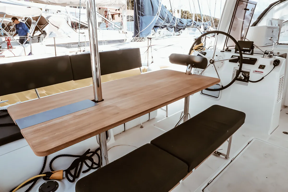 Deck of Sea Eagle, a Jeanneau Sun Loft 47 sailboat at Olbia, Italy