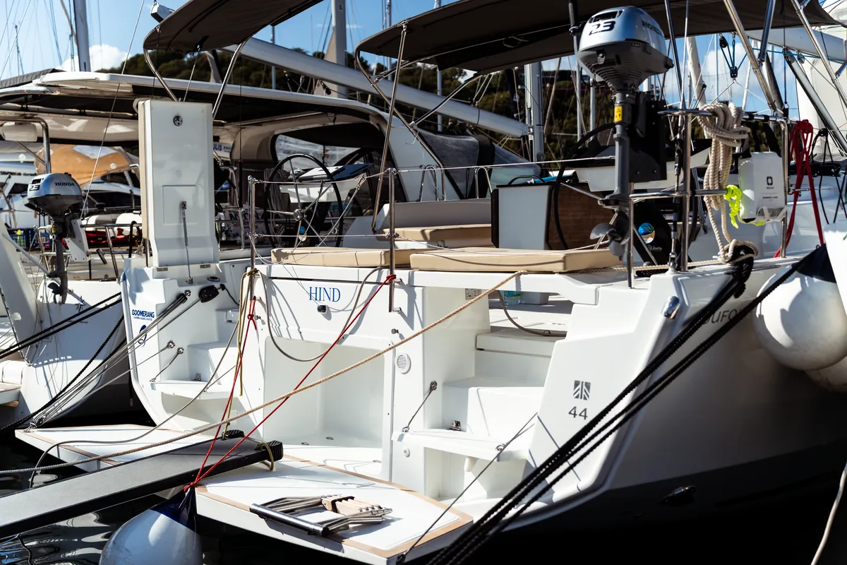 Exterior view of Hind, a Dufour 44 sailboat at Olbia, Italy