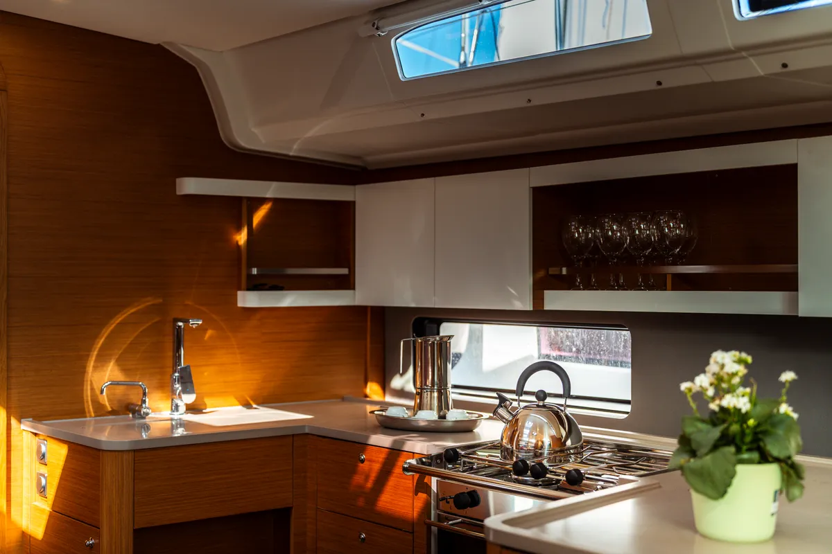 Galley of Hind, a Dufour 44 sailboat at Olbia, Italy