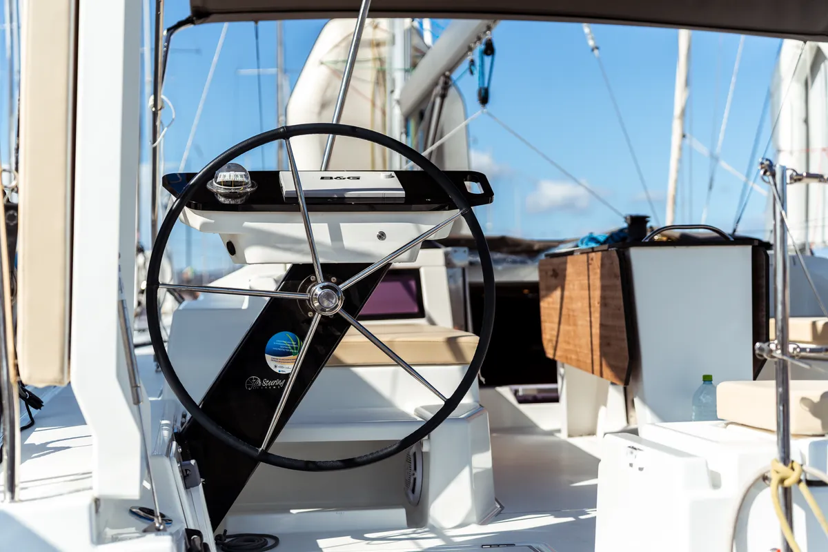 Cockpit of Hind, a Dufour 44 sailboat at Olbia, Italy