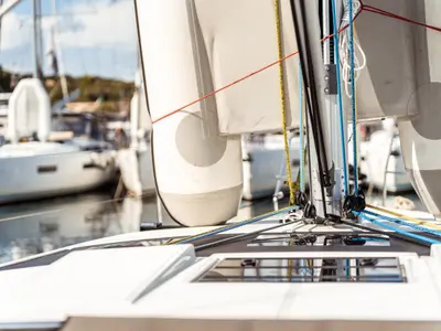 Deck of Hind, a Dufour 44 sailboat at Olbia, Italy