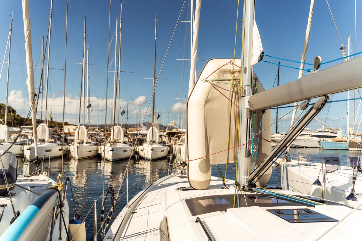 Exterior view of Hind, a Dufour 44 sailboat at Olbia, Italy