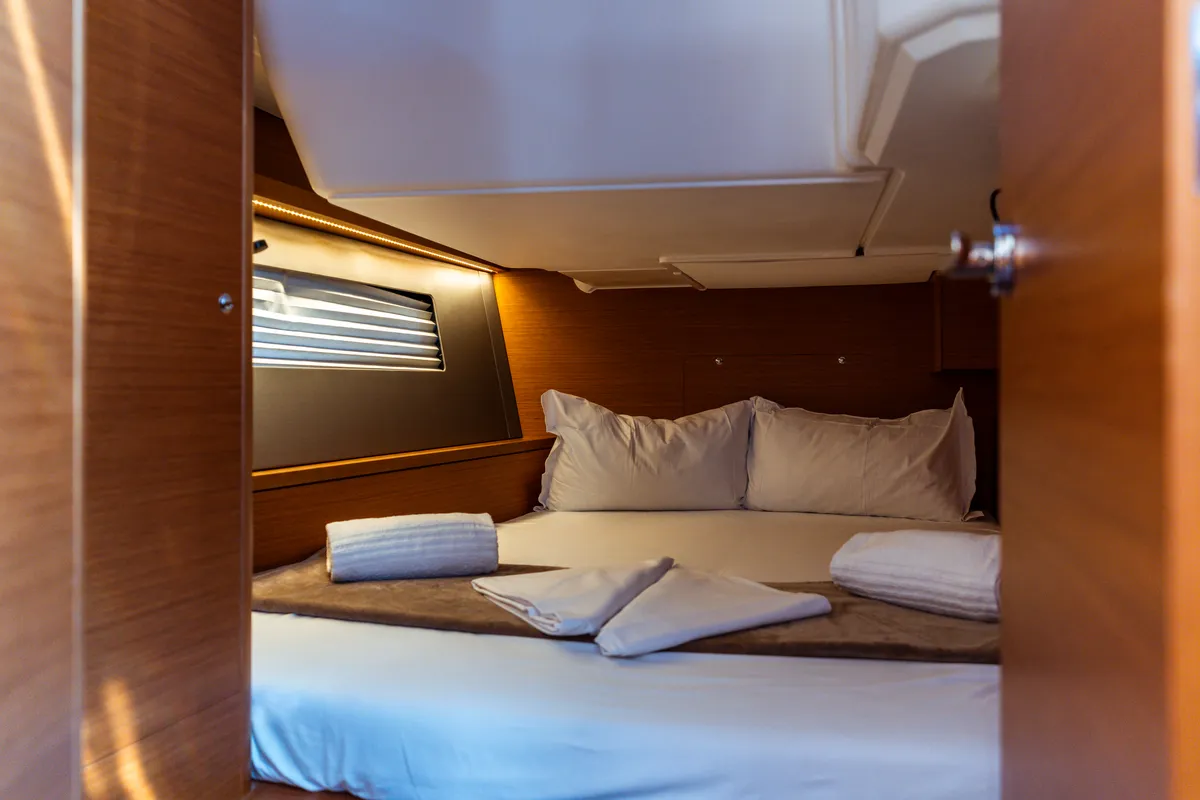 Cabin on Hind, a Dufour 44 sailboat at Olbia, Italy