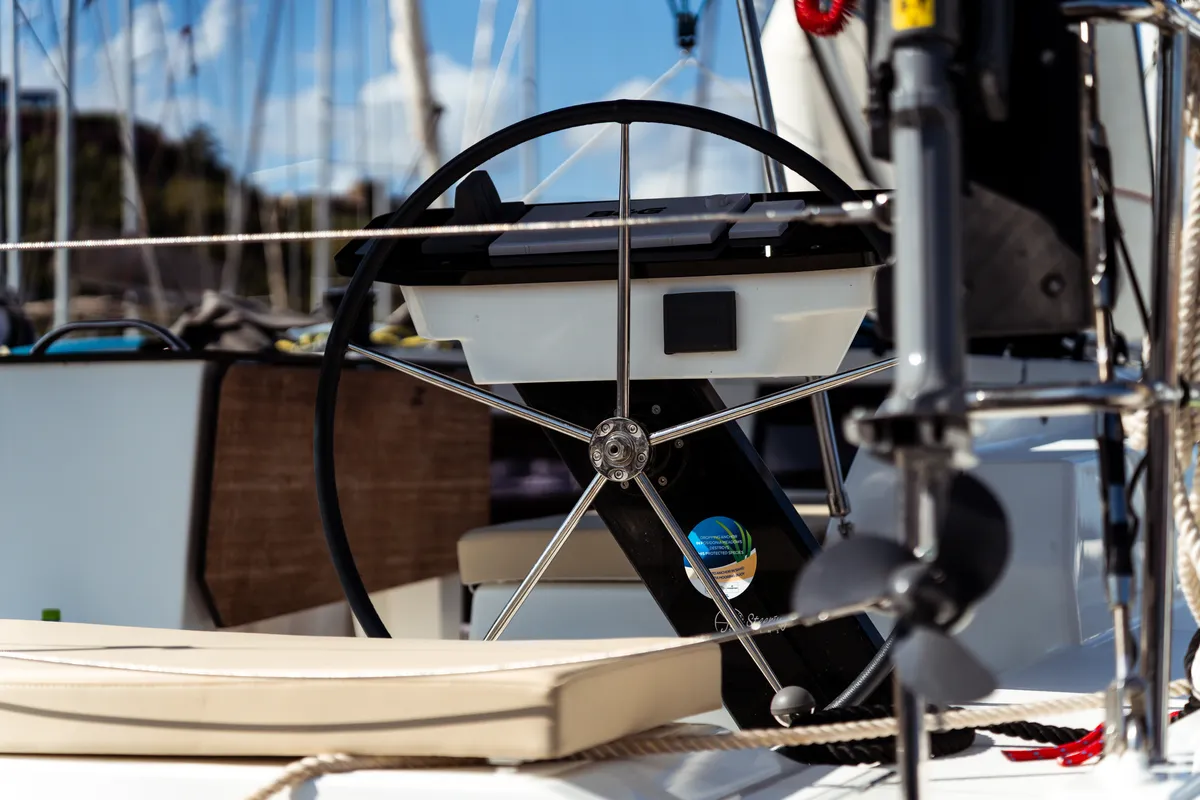 Cockpit of Hind, a Dufour 44 sailboat at Olbia, Italy